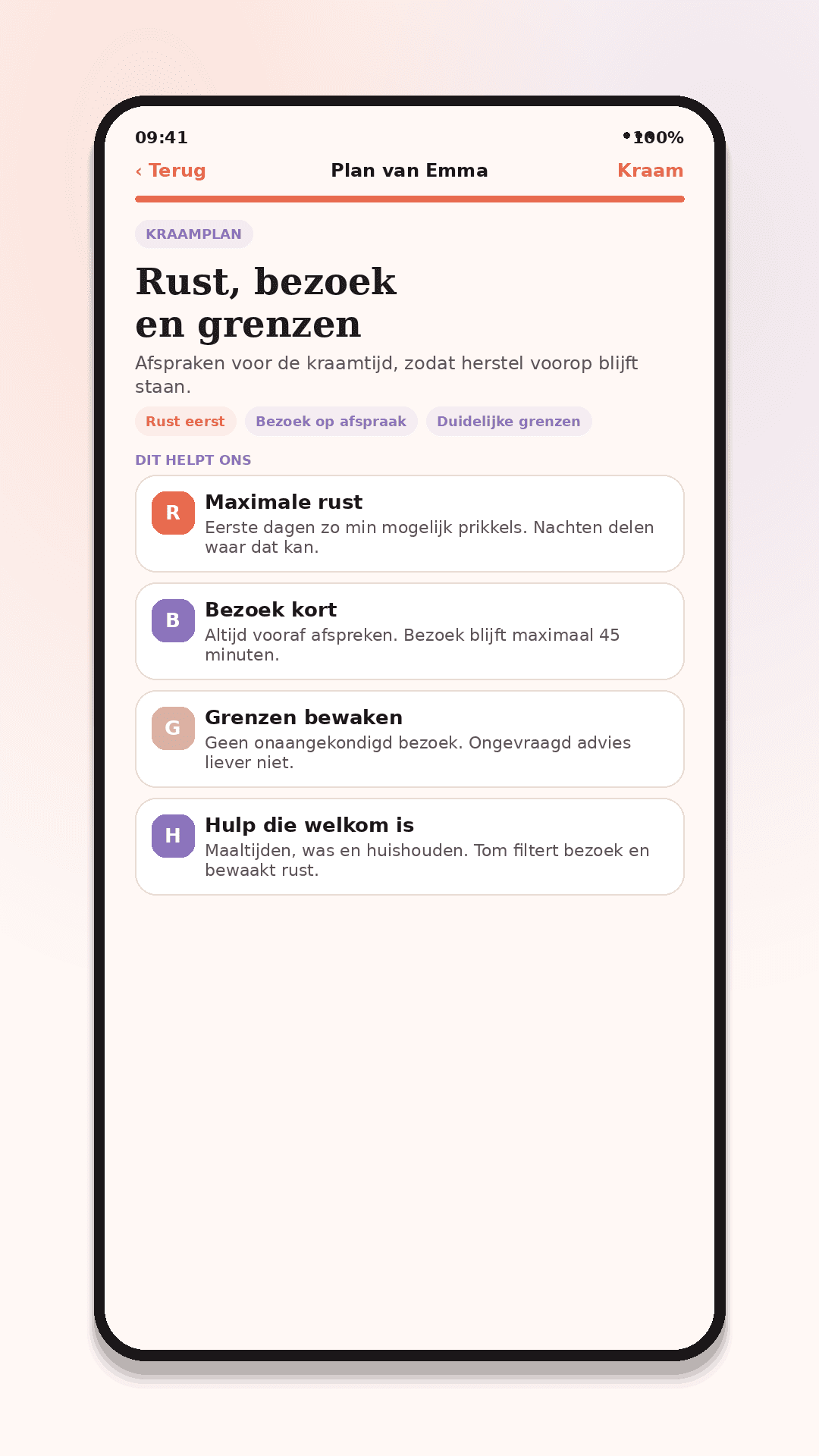 Mockup: kraamplan met rust, bezoek en grenzen